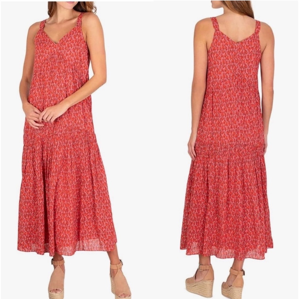 Joie Bondi  Sleeveless V Neck Tiered Red Pink Boho  Maxi Midi Sun Dress NEW M